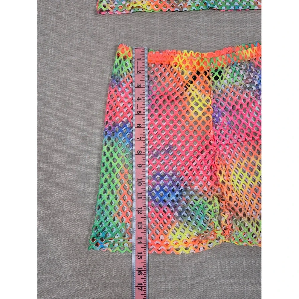 American Leisure Rainbow Tie Dye Mesh 2 Piece Set Crop Top Shorts XL New